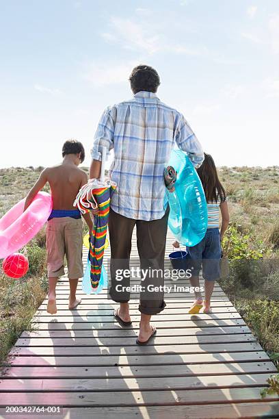 father and children (7-9) on path carrying beach toys, rear view - checked shirt stock pictures, royalty-free photos & images