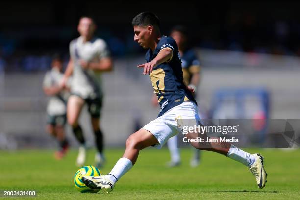 Piero Quispe of Pumas drives the ball during the 6th round match between Pumas UNAM and Puebla as part of the Torneo Clausura 2024 Liga MX at Estadio...