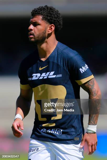 Jose Caicedo of Pumas looks on during the 6th round match between Pumas UNAM and Puebla as part of the Torneo Clausura 2024 Liga MX at Estadio...