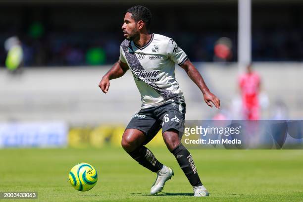 Brayan Angulo of Puebla controls the ball during the 6th round match between Pumas UNAM and Puebla as part of the Torneo Clausura 2024 Liga MX at...