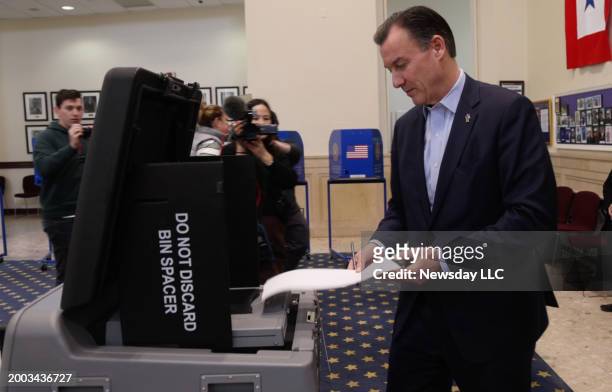 Tom Suozzi, Democratic candidate for New York's 3rd Congressional District casts his ballot for the race on Feb. 9, 2024 in Glen Cove, New York.