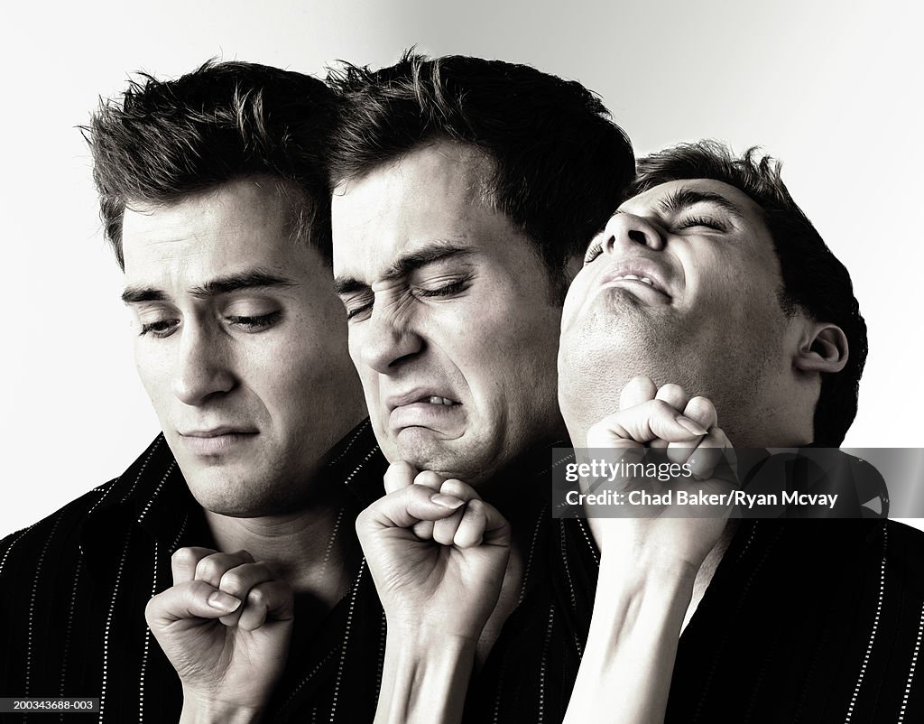 Young woman punching young man in chin (multiple image)