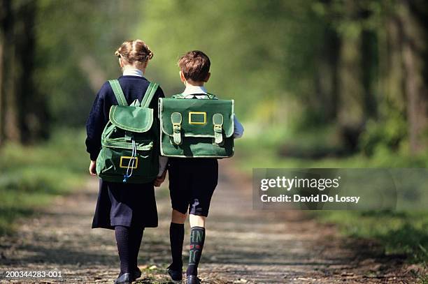 boy (6-7) and girl (8-9) going  school through forest, rear view - schooluniform stockfoto's en -beelden