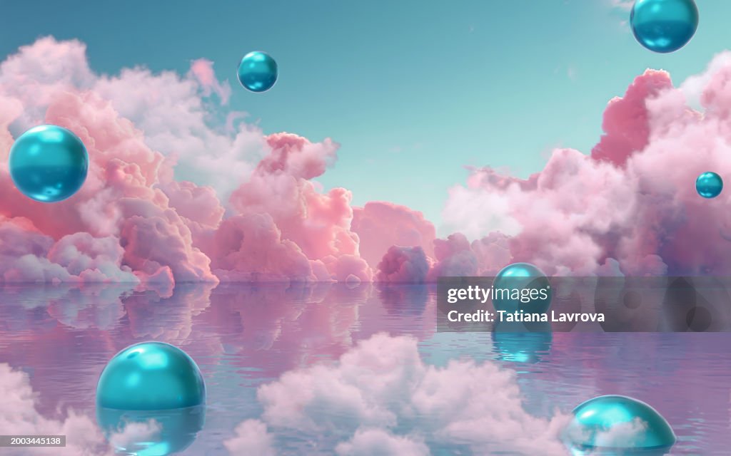 Glossy cyan spheres in the background of a blue sky with pink clouds. Abstract web 3 backdrop with copy space. Metaverse, modern technology, internet, online connection concept