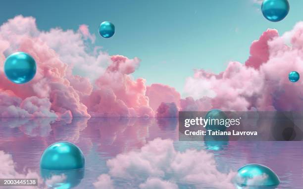glossy cyan spheres in the background of a blue sky with pink clouds. abstract web 3 backdrop with copy space. metaverse, modern technology, internet, online connection concept - rosa color fotografías e imágenes de stock