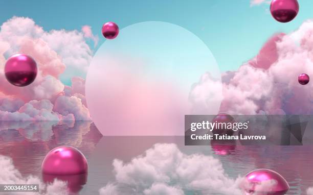 glossy magenta spheres in the background of a blue sky with pink clouds. abstract web 3 backdrop with copy space. metaverse, modern technology, internet, online connection concept - 3d environment stock pictures, royalty-free photos & images