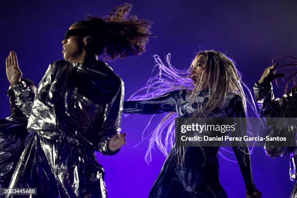 Lola Indigo performs at the "ACB BEATS King's Cup" on stage at Palacio de Deportes Jose Maria Martin Carpena on February 11, 2024 in Malaga, Spain.