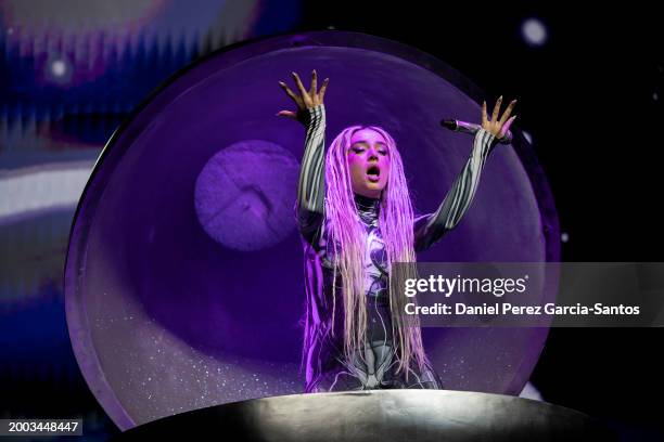 Lola Indigo performs at the "ACB BEATS King's Cup" on stage at Palacio de Deportes Jose Maria Martin Carpena on February 11, 2024 in Malaga, Spain.