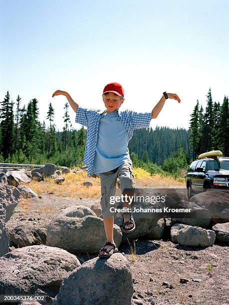 boy (8-10) standing on rock in martial arts position - 映画調 ストックフォトと画像