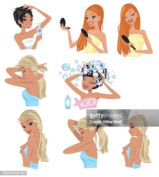 women applying make-up, washing hair or styling hair - spitzhaarfrisur stock-grafiken, -clipart, -cartoons und -symbole