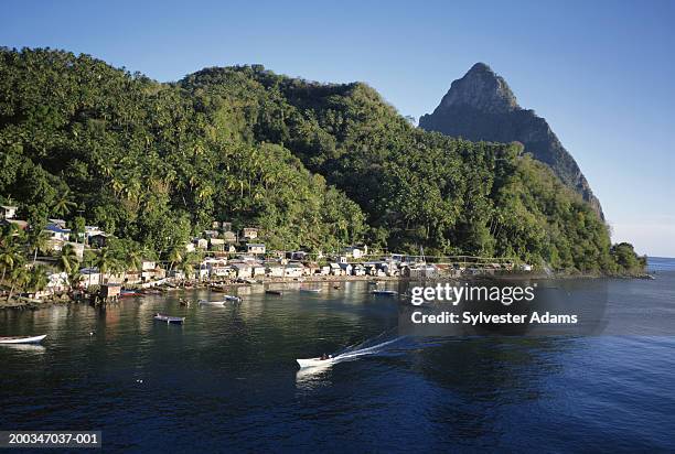 caribbean, st. lucia, soufriere city and bay, aerial view - pitons stock-fotos und bilder