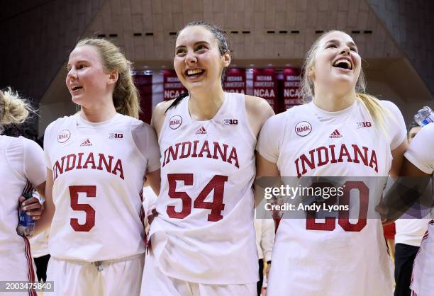 Mackenzie Holmes of the Indiana Hoosiers celebrates with teammates after the 95-62 win against the Purdue Boilermakers at Simon Skjodt Assembly Hall...