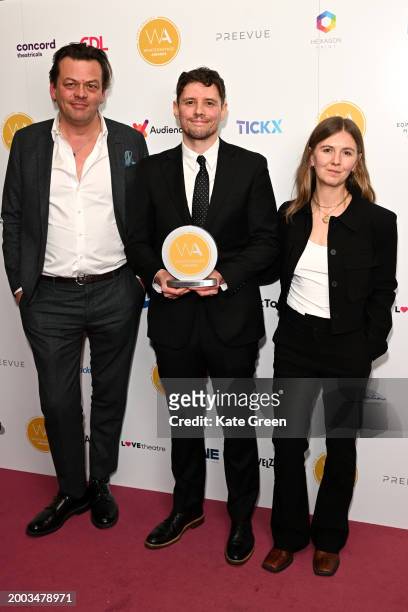 Simon Stephens, Sam Yates and Rosanna Vize inside the WhatsOnStage Awards 2024 Winners Room at the London Palladium on February 11, 2024 in London,...