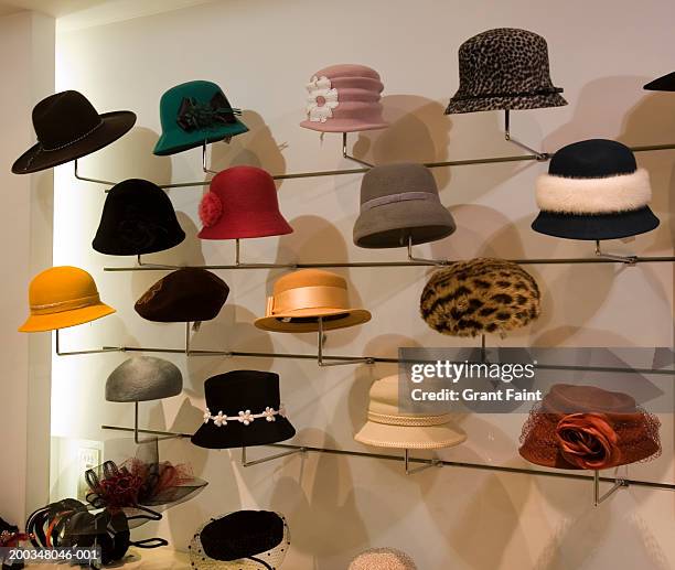 women's hats on display in shop - hatt bildbanksfoton och bilder