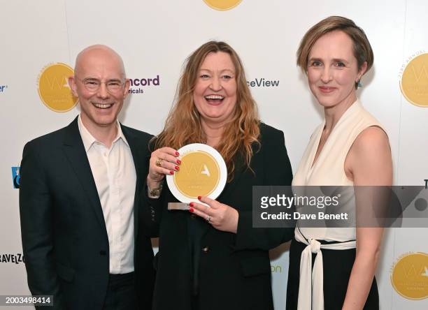 Daniel Evans, Jill Green and Tamara Harvey pose in the Winners Room at The 24th Annual WhatsOnStage Awards 2024 at The London Palladium on February...