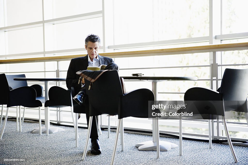 Businessman in lounge reading book