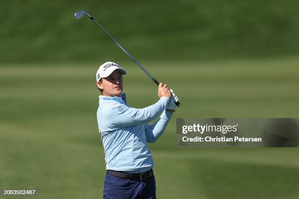 Bud Cauley of the United States plays a second shot on the eighth hole during the final round of the WM Phoenix Open at TPC Scottsdale on February...