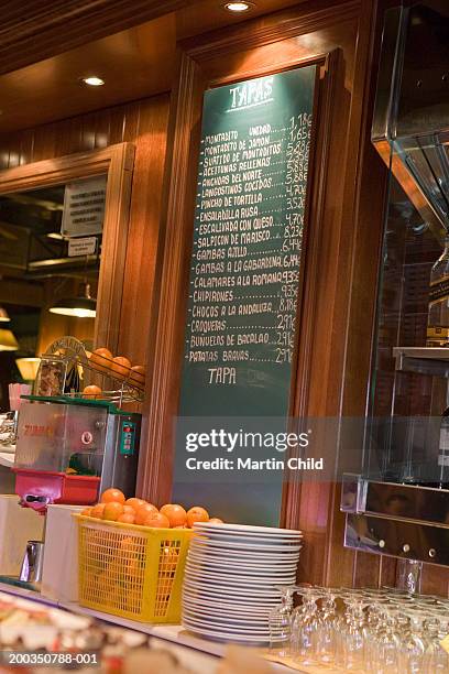 spain, barcelona, tapas board behind bar - barcelona tapas stock pictures, royalty-free photos & images