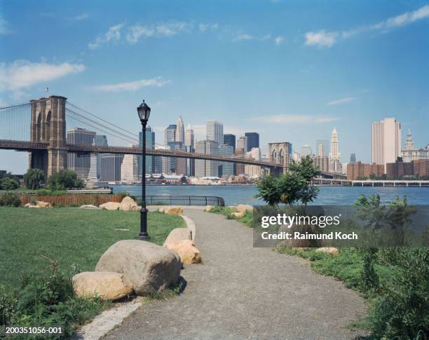 usa, brooklyn, new york city skyline from brooklyn bridge  park - brooklyn bridge park fotografías e imágenes de stock