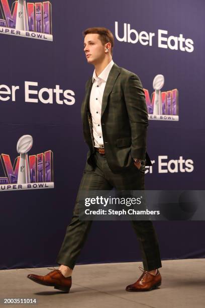 Brock Purdy of the San Francisco 49ers arrives before Super Bowl LVIII at Allegiant Stadium on February 11, 2024 in Las Vegas, Nevada.