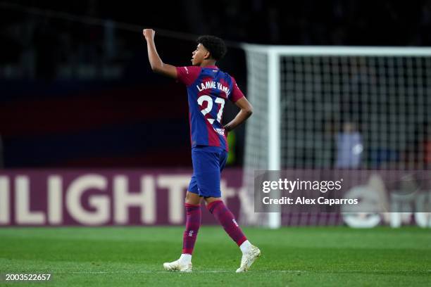 Lamine Yamal of FC Barcelona celebrates scoring his team's third goal during the LaLiga EA Sports match between FC Barcelona and Granada CF at Estadi...