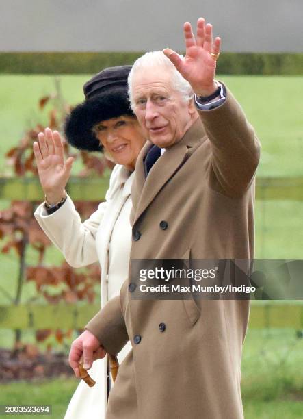 King Charles III and Queen Camilla attend the Sunday service at the Church of St Mary Magdalene on the Sandringham estate on February 11, 2024 in...