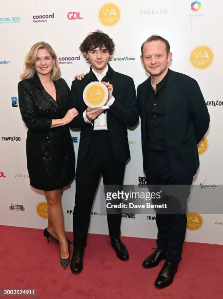 Caroline Sheen, Jack Wolfe and Michael Jibson pose in the Winners Room at The 24th Annual WhatsOnStage Awards 2024 at The London Palladium on...