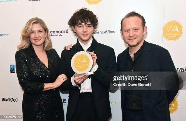 Caroline Sheen, Jack Wolfe and Michael Jibson pose in the Winners Room at The 24th Annual WhatsOnStage Awards 2024 at The London Palladium on...