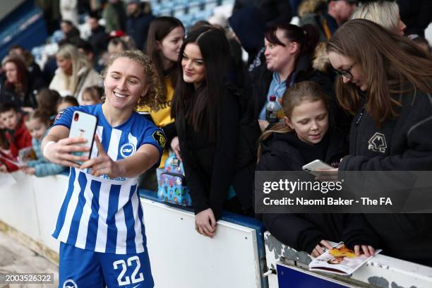 Katie Robinson of Brighton poses for a selfie photograph during the Adobe Women's FA Cup Fifth Round match between Wolverhampton Wanderers Women and...