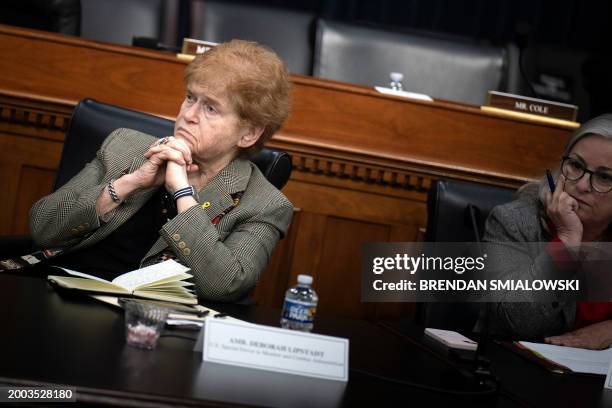 Special Envoy To Monitor And Combat Antisemitism Deborah Lipstadt listens during a roundtable discussion about gender-based violence against Israeli...
