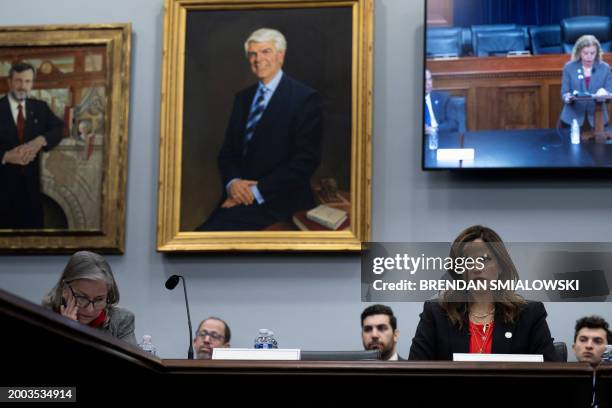 Israeli activist and actress Noa Tishby listens as US Representative Debbie Wasserman Schultz, Democrat from Florida, speaks during a roundtable...