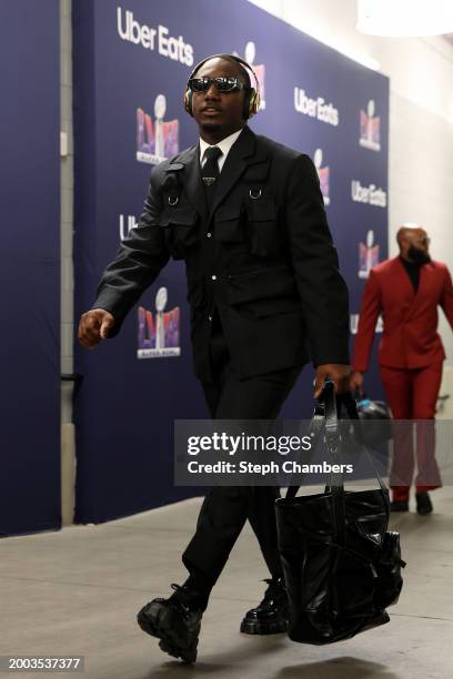 Deebo Samuel of the San Francisco 49ers arrives prior to Super Bowl LVIII against the Kansas City Chiefs at Allegiant Stadium on February 11, 2024 in...