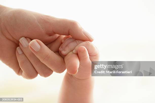 baby girl (3-6 months) holding woman's finger, close-up - mom holding baby fotografías e imágenes de stock