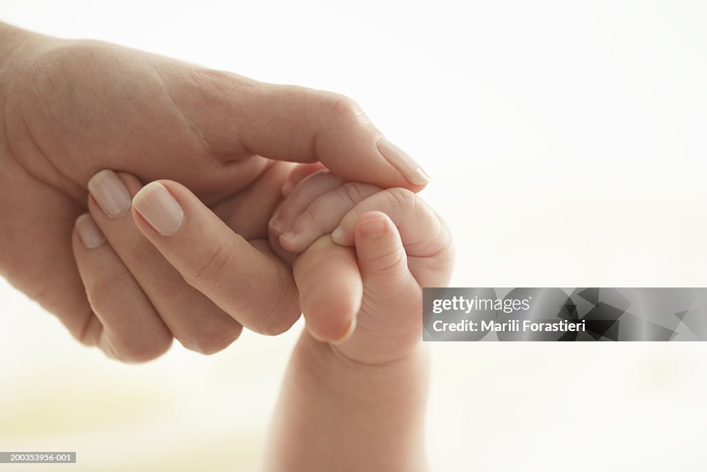 Baby girl (3-6 months) holding woman's hand, close-up