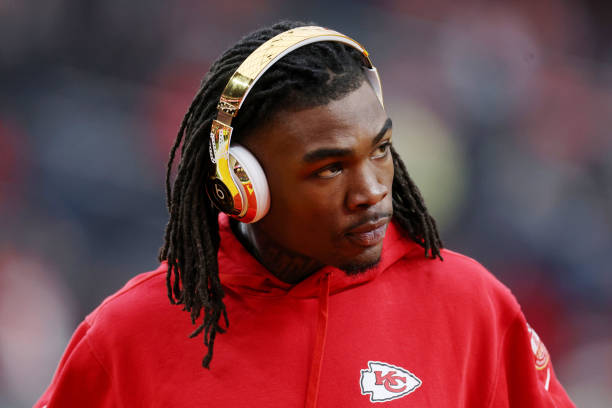 Rashee Rice of the Kansas City Chiefs warms up before Super Bowl LVIII against the Kansas City Chiefs at Allegiant Stadium on February 11, 2024 in...