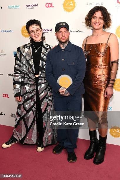 Lucy Moss, Jamie Lloyd and Toby Marlow inside the WhatsOnStage Awards 2024 Winners Room at the London Palladium on February 11, 2024 in London,...