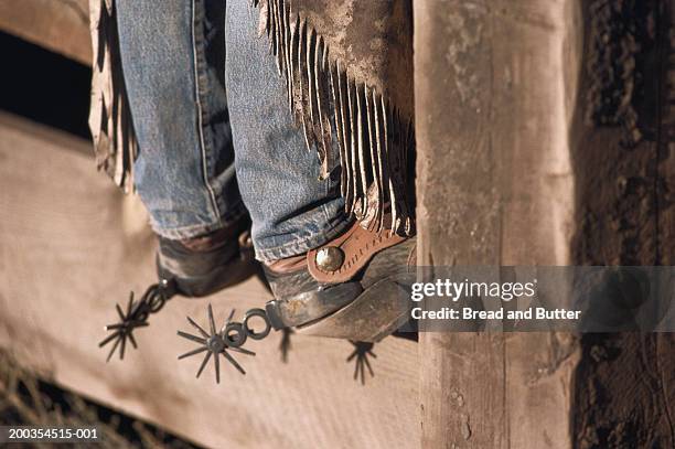 cowboy standing on split rail fence, low section - boot spur stock pictures, royalty-free photos & images