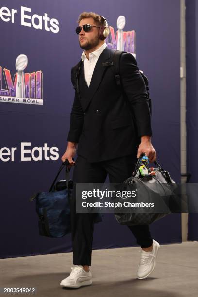 Nick Bosa of the San Francisco 49ers arrives before Super Bowl LVIII against the Kansas City Chiefs at Allegiant Stadium on February 11, 2024 in Las...