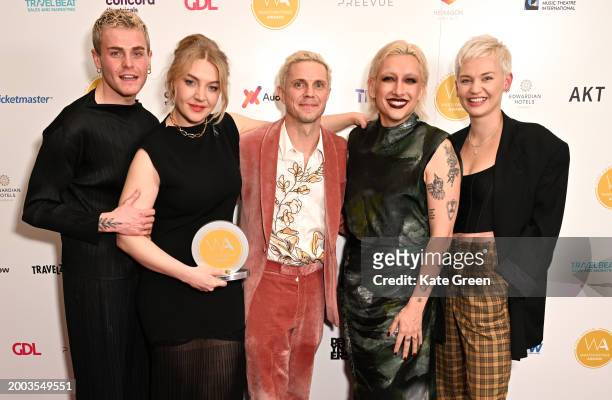 Rebecca Lucy Taylor aka Self Esteem, Jake Shears and Mason Alexander Park inside the WhatsOnStage Awards 2024 Winners Room at the London Palladium on...