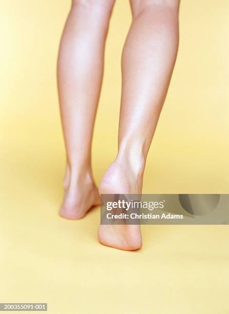 young woman with bare feet and legs, rear view, close-up - womans bare feet fotografías e imágenes de stock