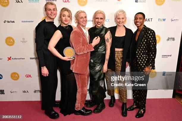 Rebecca Lucy Taylor aka Self Esteem, Jake Shears, Mason Alexander Park and Myles Frost inside the WhatsOnStage Awards 2024 Winners Room at the London...