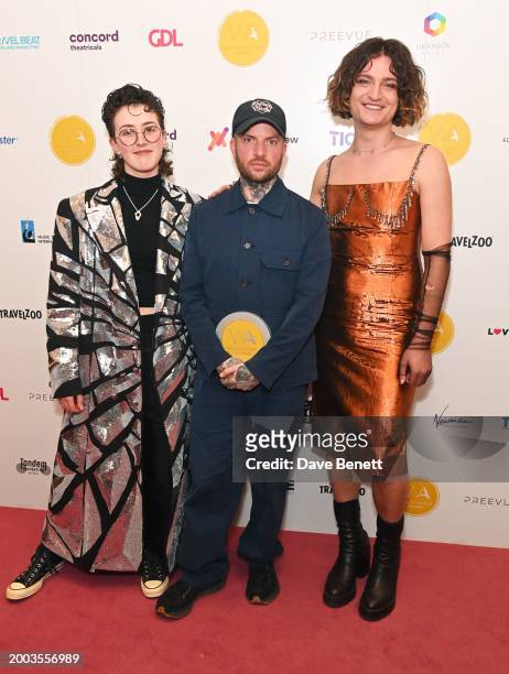 Lucy Moss, Jamie Lloyd and Toby Marlow pose in the Winners Room at The 24th Annual WhatsOnStage Awards 2024 at The London Palladium on February 11,...