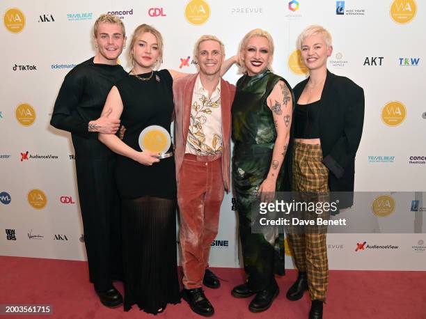 Travis Ross, Rebecca Lucy Taylor aka Self Esteem, Jake Shears, Mason Alexander Park and Sally Frith pose in the Winners Room at The 24th Annual...