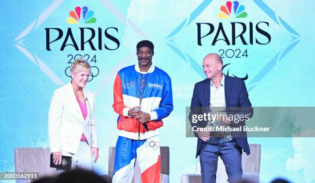 Molly Solomon, Snoop Dogg and Rowdy Gaines at the Peacock presentations at the TCA Winter Press Tour held at The Langham, Huntington on February 14,...