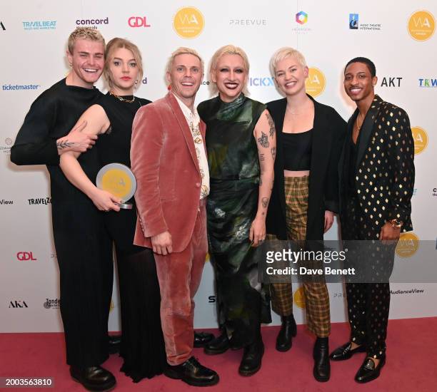 Travis Ross, Self Esteem aka Rebecca Lucy Taylor, Jake Shears, Mason Alexander Park, Sally Frith and Myles Frost pose in the Winners Room at The 24th...