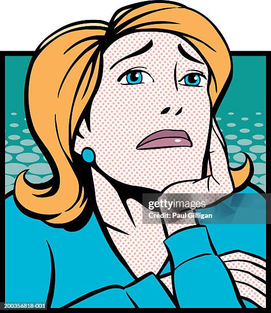 woman resting chin on hand, pouting - blue blouse stock-grafiken, -clipart, -cartoons und -symbole