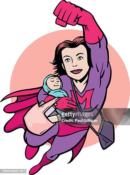 superhero mother flying, carrying newborn baby - super mom stock illustrations