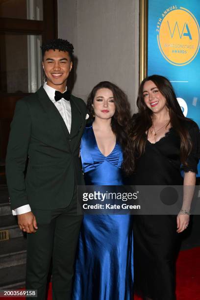 Joe Griffiths-Brown, Lily Kerhoas and guest attends the WhatsOnStage Awards 2024 at the London Palladium on February 11, 2024 in London, England.