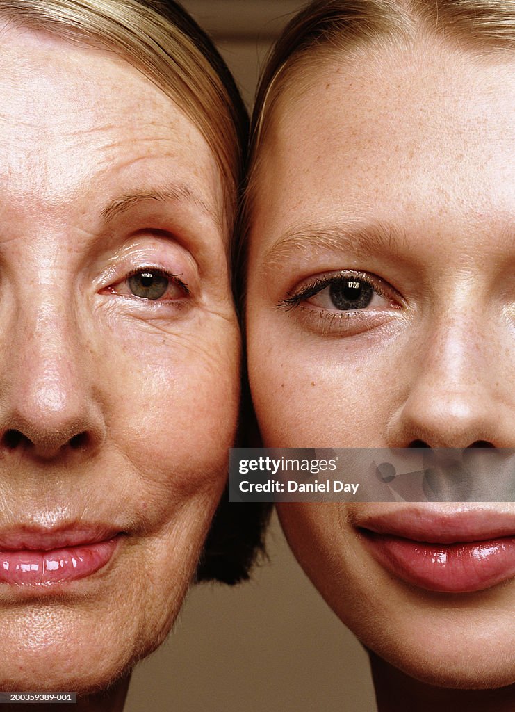 Senior woman and young woman, heads together, portrait, close-up