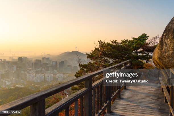 seoul city skyline view from inwangsan mountain in the morning - seoul south korea skyline stock pictures, royalty-free photos & images